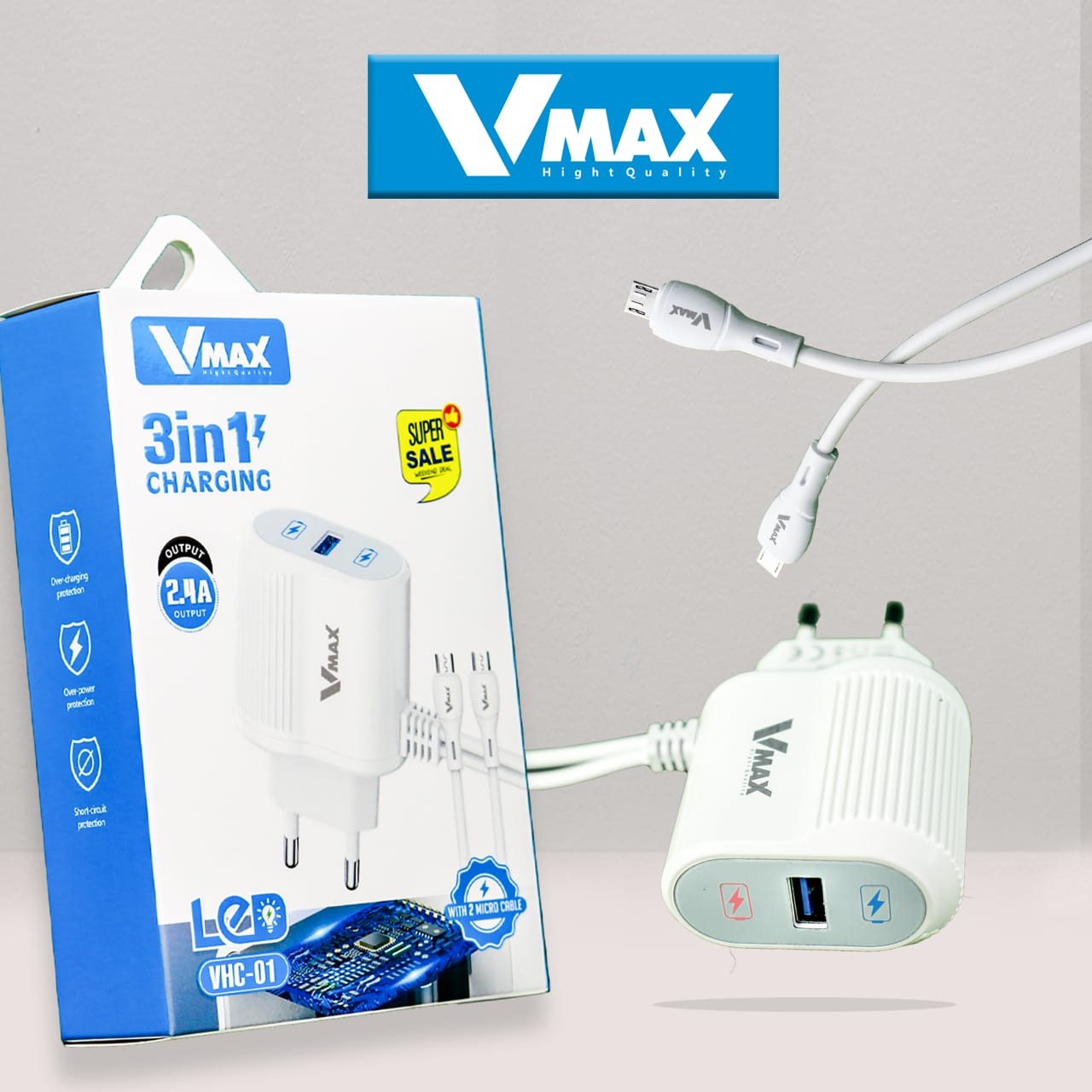 HOME CHARGER     2.4A / 2 CABLE / USB    شاحن منزلي في ماكس 2.4 امبير مع مخرج + وصلتين مضيء    V MAX    VHC 01